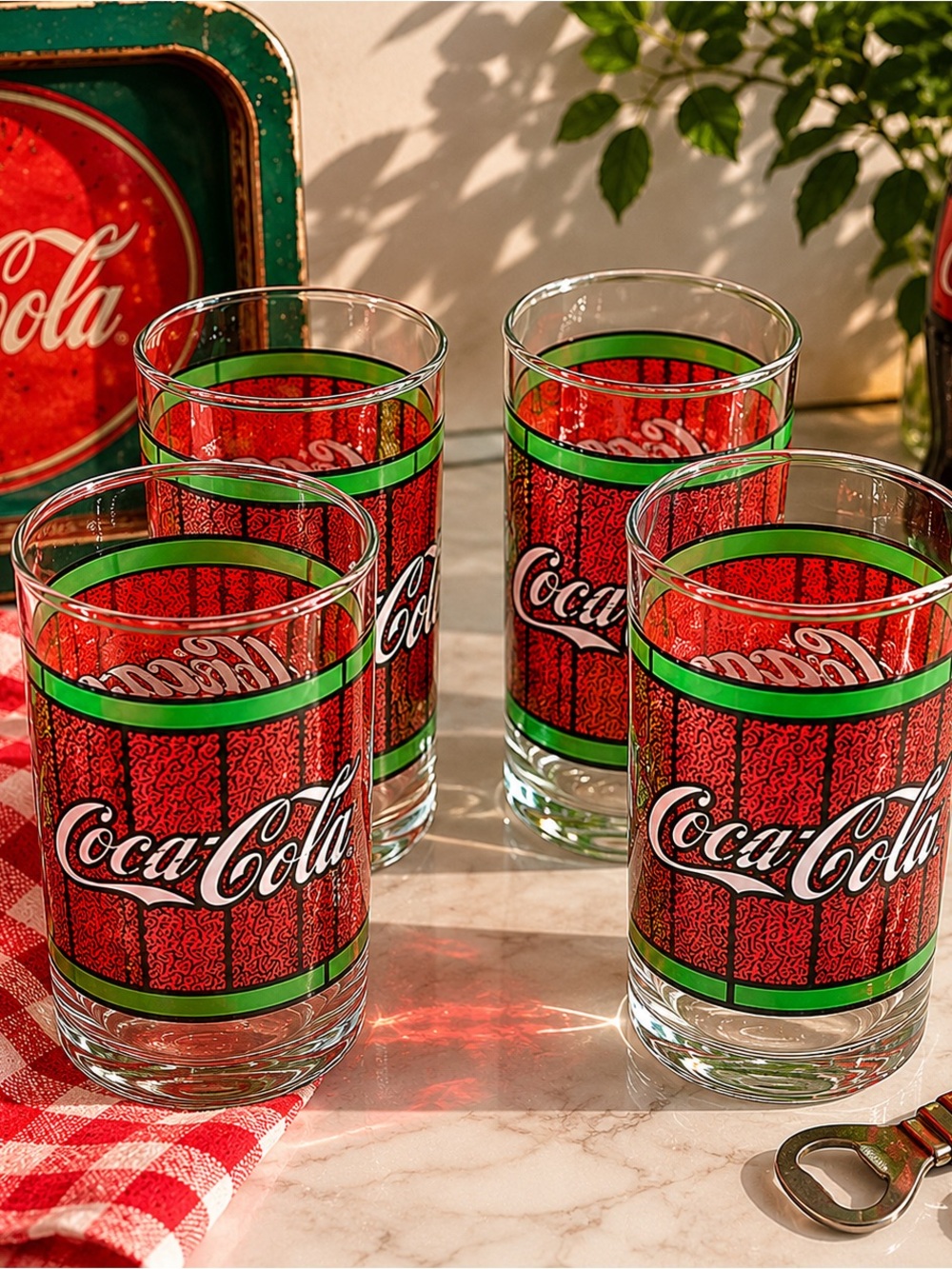 Vintage Coca-Cola Red Green Drinking Glasses Set of 4 Retro Soda Barware
